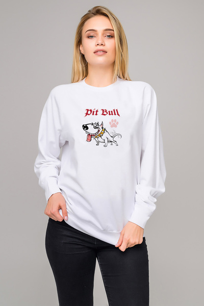 QIVI Pitbull West Coast Printed White Women's Knitted Sweatshirt Long Sleeve
