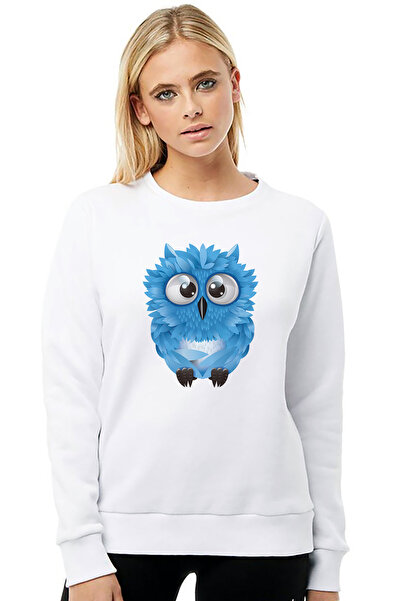 QIVI سويت شيرت محبوك للسيدات من Blue Owl Picture Owl Cute Blue مطبوع باللون ا...