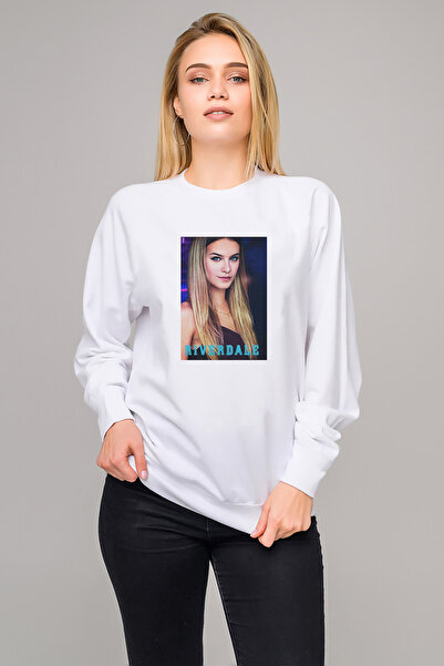 QIVI سترة ريفيرديل بولي كوبر مطبوع النسائية البيضاء المحبوكة بأكمام طويلة