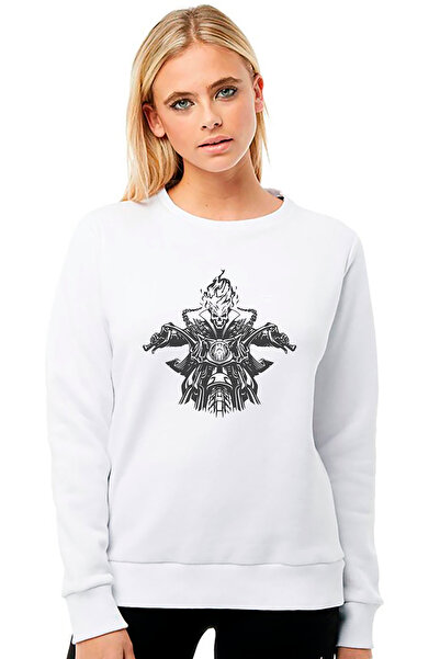 QIVI Ghost Rider Motorcycle Skull Rider Printed White Women's Knitted Sweatsh...