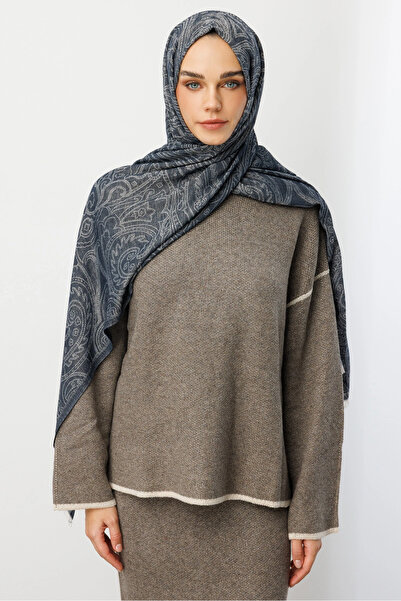 Mooncorn Navy Blue Rumi Pattern Wool Cashmere Shawl