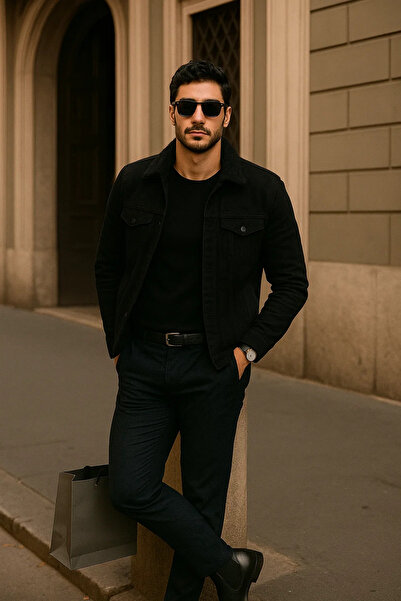 comstar Men's Winter Casual Fur Lined Classic Black Denim Jacket