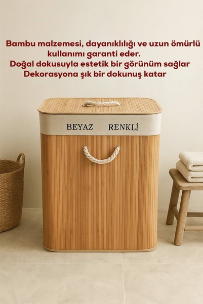 Porsima Çift Bölmeli Kapaklı Kirli Çamaşır Sepeti Dikdörtgen - İki Bölmeli Bambu Kirli Çamaşır Sepeti