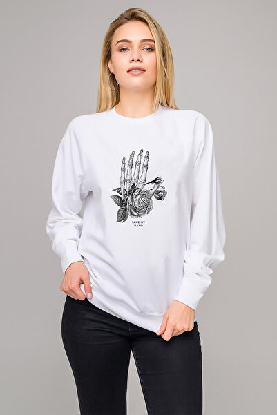 QIVI Skull Lockscreen Tumblr Rose Rose Printed White Women's Knitted Sweatshi...