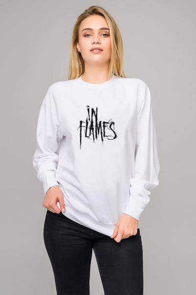 QIVI سويت شيرت In Flames Logo مطبوع للسيدات باللون الأبيض بأكمام طويلة
