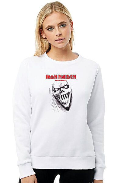 QIVI Iron Maiden Piano Tribute Printed White Women's Knitted Sweatshirt Long ...