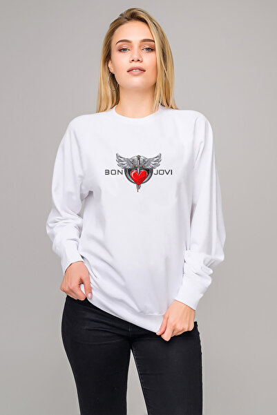QIVI سويت شيرت بون جوفي لوجو مطبوع نسائي أبيض محبوك بأكمام طويلة
