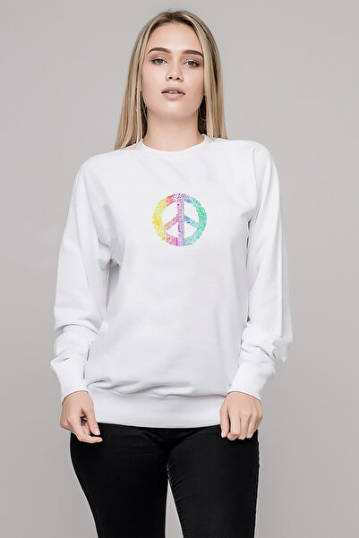 QIVI سويت شيرت Peace Hippie Peace Symbols مطبوع للسيدات باللون الأبيض محبوك ب...