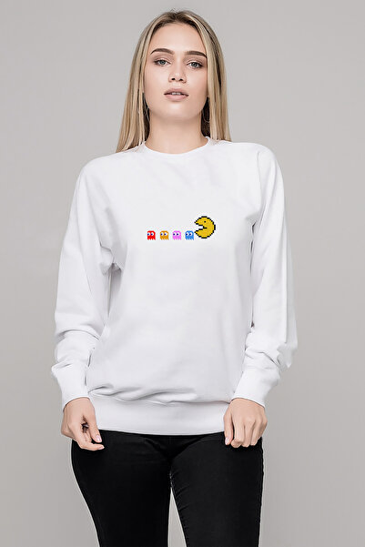 QIVI Pac Man Printed White Women's Knitted Sweatshirt Long Sleeve