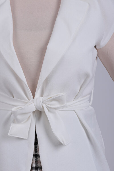 armonika Women's White Men's Collar Waist Belted Linen Look Vest Arm-25Y001079