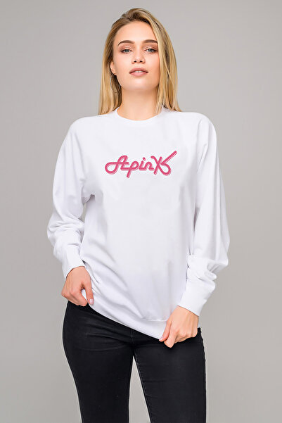 QIVI K Pop Apinx S Pink Luv مطبوع سترة نسائية بيضاء محبوكة بأكمام طويلة