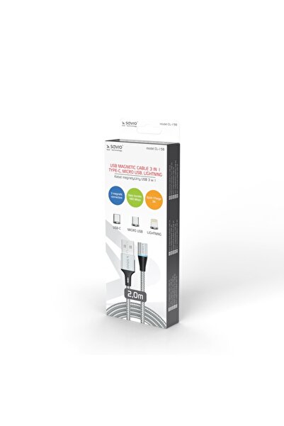 Savio Cablu magnetic 3 în 1 cu încărcare rapidă și date (USB-C, Micro USB, Lightning) - 2 m, argintiu