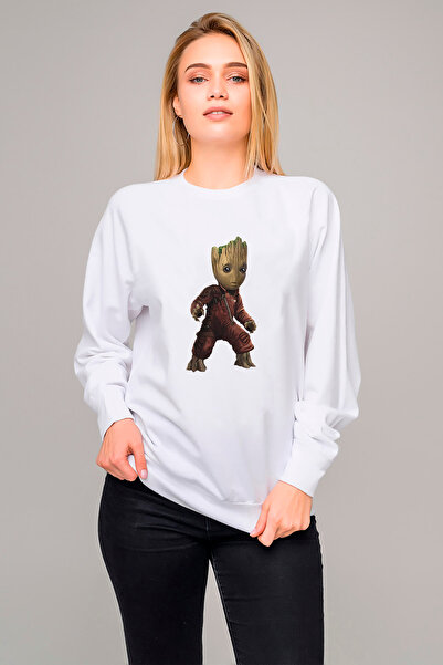 QIVI Groot Printed White Women's Knitted Sweatshirt Long Sleeve