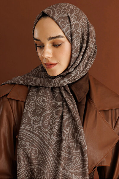 Mooncorn Bitter Brown Rumi Pattern Wool Cashmere Shawl