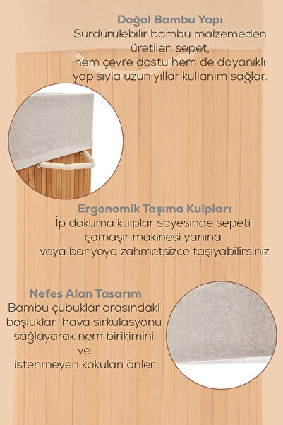 Porsima Çift Bölmeli Kapaklı Kirli Çamaşır Sepeti Dikdörtgen - İki Bölmeli Bambu Kirli Çamaşır Sepeti