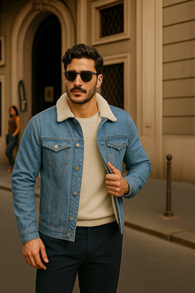 comstar Men's Winter Casual Fur Lined Classic A.Blue Denim Jacket