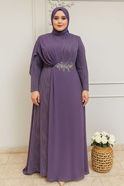 KADİR KORKMAZ GİYİM Simli Kumaş İşlemeli Büyük Beden Tesettür Abiye Elbise
