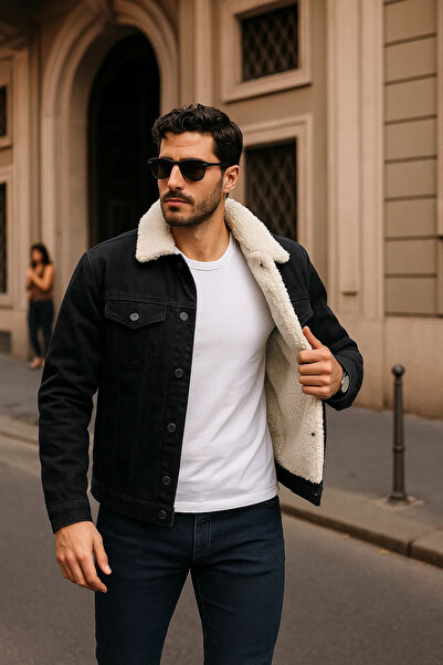 comstar Men's Winter Casual Fur Lined Classic Black Denim Jacket