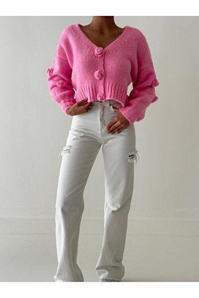 yeditepe fashion Cardigan tricotat manual cu detaliu de trandafir, cu închide...