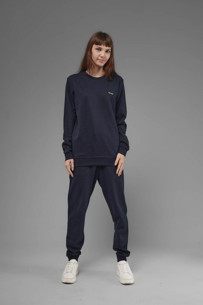 SOFTWAY Unisex Regular Fit Crew Neck Textured Interlock Pique Sweatshirt - Navy Blue