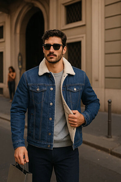 comstar Men's Winter Casual Fur Lined Classic Dark Blue Denim Jacket