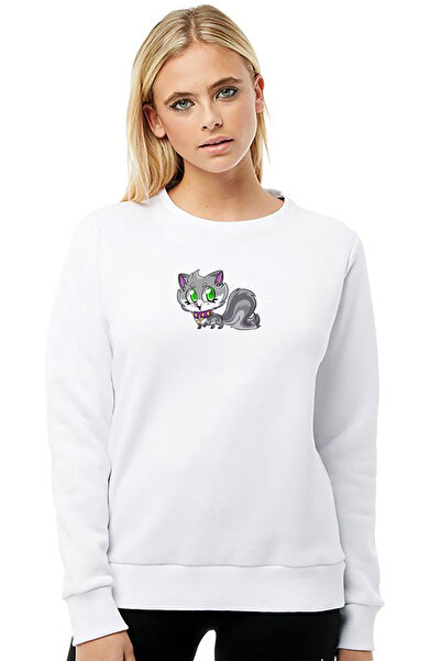 QIVI Cat Hula Hoop Printed White Women's Knitted Sweatshirt Long Sleeve