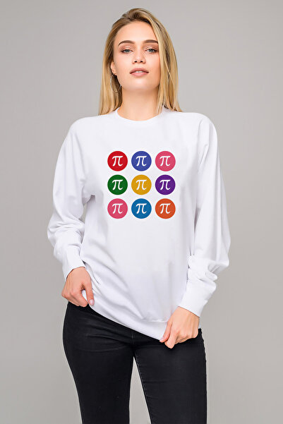 QIVI Pi Color Logo Printed White Women's Knitted Sweatshirt Long Sleeve