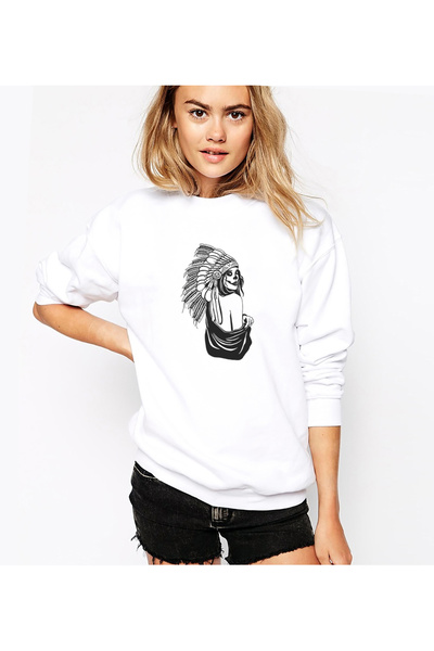 QIVI Skull Native American Printed White Women's Knitted Sweatshirt Long Sleeve