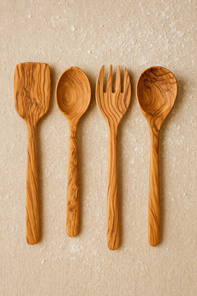 Home Natural Olive Wood Handmade 4 Pieces Wooden Kitchen Set