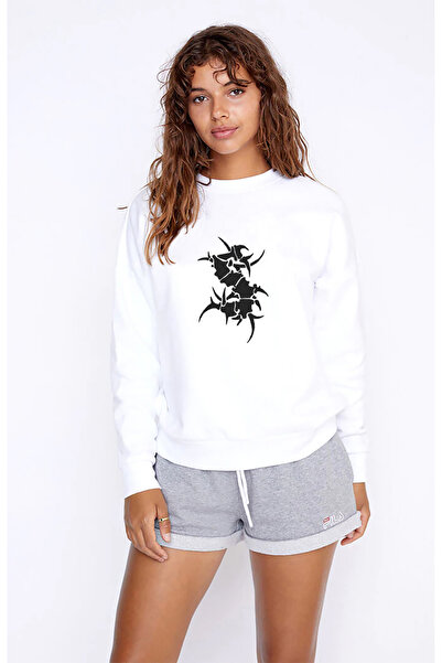 QIVI Heavy Metal Logo Printed White Women's Knitted Sweatshirt Long Sleeve