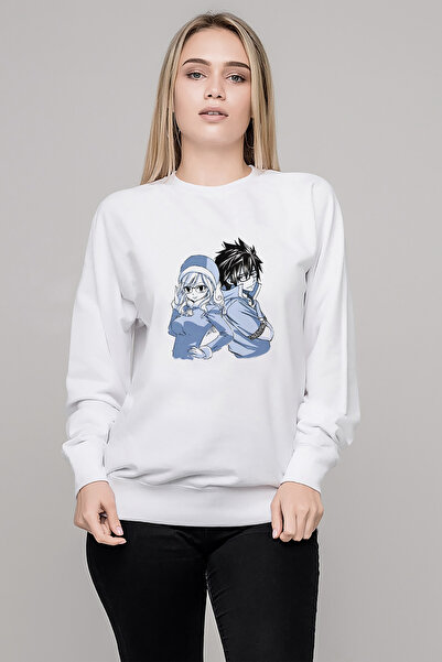 QIVI سويت شيرت أنمي فيري تيل جلاس جيلد إمبلم مطبوع للسيدات باللون الأبيض محبو...
