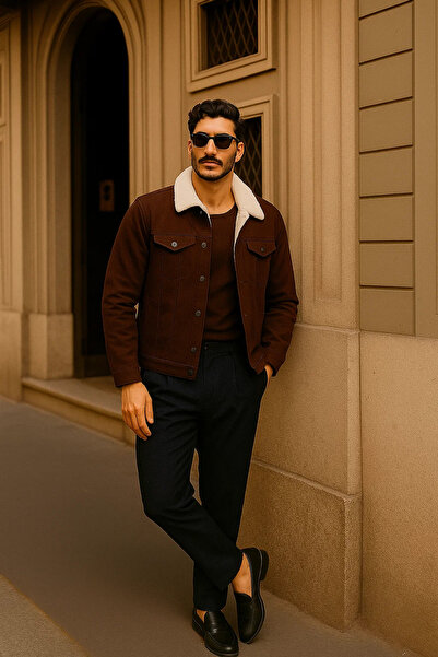 comstar Men's Winter Casual Fur Lined Classic Dark Brown Denim Jacket