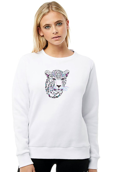 QIVI Pink Blue and Black Leopard Cheetah Printed White Women Knitted Sweatshi...
