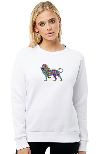 QIVI Aslan Printed White Women's Knitted Sweatshirt Long Sleeve