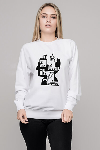 QIVI سويت شيرت سيلويت هيومن برين إنجنييرينغ مطبوع للسيدات باللون الأبيض بأكما...