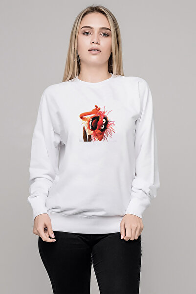 QIVI The Muppets Printed White Women's Knitted Sweatshirt Long Sleeve