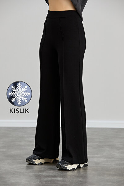 Alos Kadın Siyah Kışlık Modal Bol Paça Çımalı Şardonlu Yüksek Bel Yumuşak Doku Lastikli Likralı Pantolon