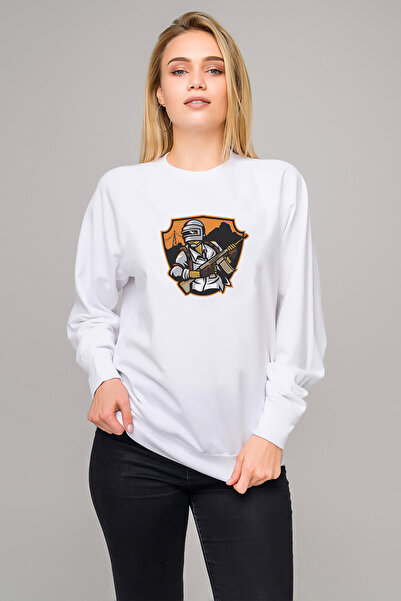 QIVI Pubg Soldier Running Printed White Women's Knitted Sweatshirt Long Sleeve