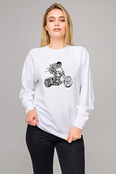 QIVI سترة نسائية محبوكة باللون الأبيض من Motorcycle Skeleton B مطبوع بأكمام ط...