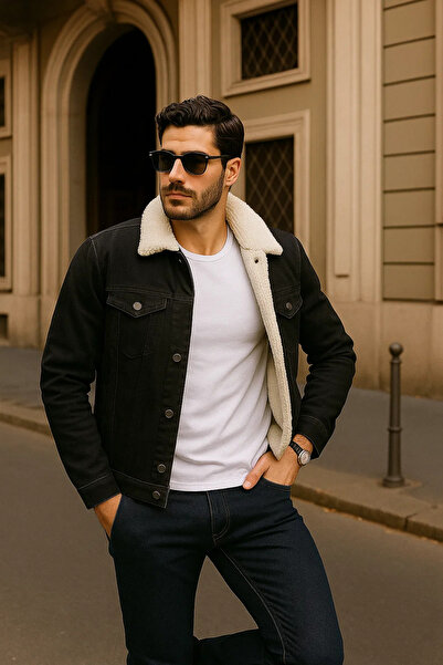 comstar Men's Winter Casual Fur Lined Classic Black Denim Jacket