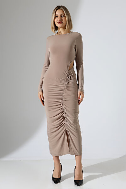 Planet Prestige Μπεζ/χρώμα του δέρματος Μίντι φόρεμα με μακρυμάνικο μανίκι με ανοιχτό πλάι, ελαστικό ύφασμα, βραδινό φόρεμα