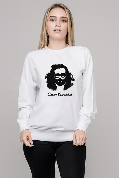 QIVI Cem Karaca Printed White Women's Knitted Sweatshirt Long Sleeve