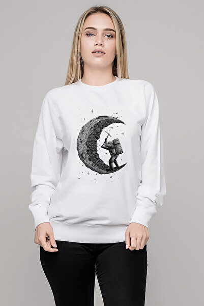 QIVI Aystronot Printed White Women's Knitted Sweatshirt Long Sleeve