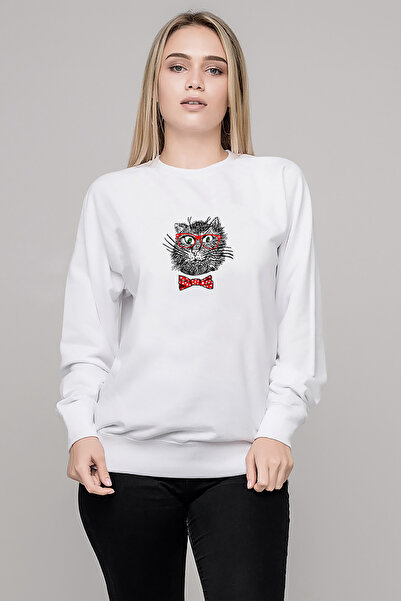 QIVI Hipster Cat Vector Cheerful Fashionable Mustache Printed White Women's Knitted Sweatshirt Long Sleeve