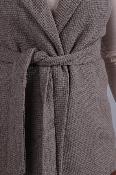 armonika Women's Mink Men's Collar Waist Belted Linen Look Vest Arm-26K001055