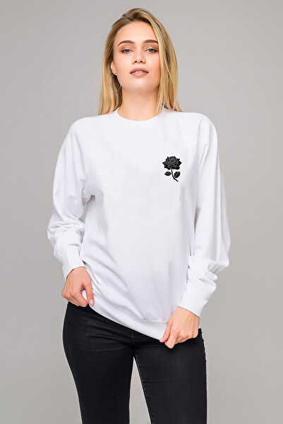 QIVI سويت شيرت سيلويت روز مطبوع نسائي أبيض محبوك بأكمام طويلة