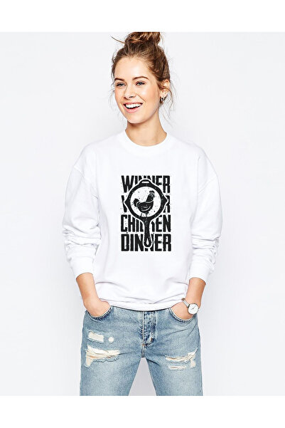 QIVI Pubg Pubg Winner Tava Tavuk Printed White Women's Knitted Sweatshirt Lon...