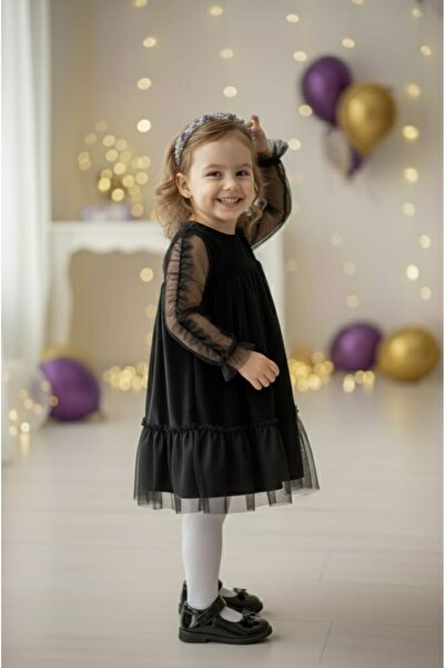 penu baby kids Black Velvet Long Tulle Sleeve Girl's Dress with Ruffles on the Sleeves and Hem