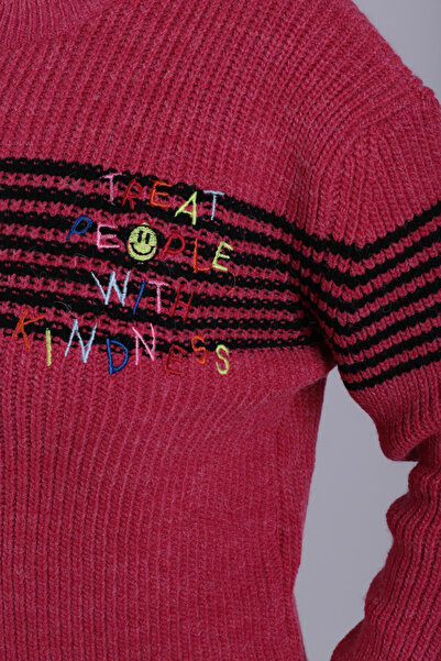 armonika Women's Fuchsia Crew Neck Thessaloniki Knitted Lettered Sweater Arm-26K136084