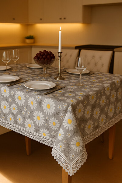 Rona Home Luxurious Gray Daisy Pattern Tablecloth with Lace Detail, Stylish and Elegant Design, Wipeable and Stain-Resistant